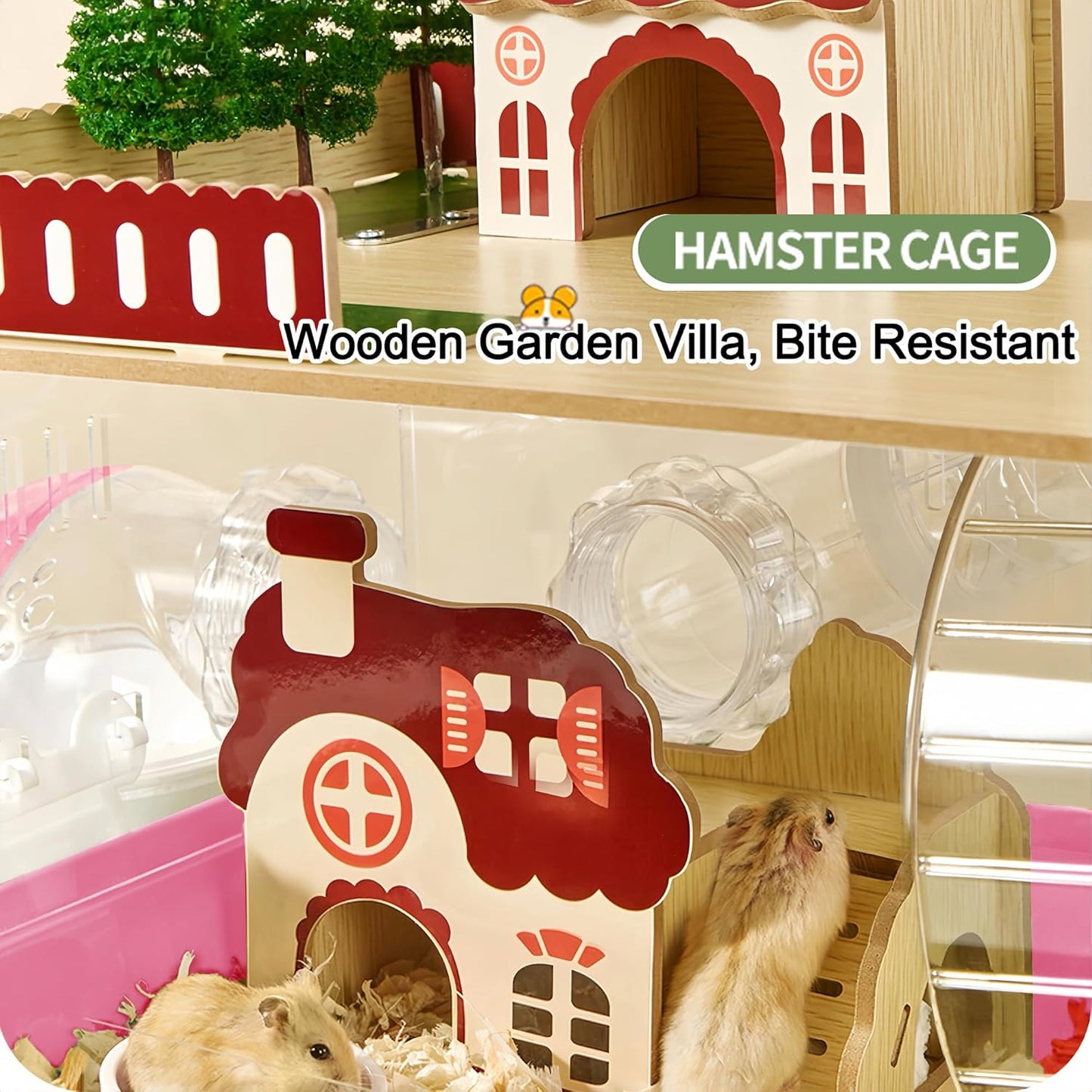 12 in 1 Clear Acrylic Hamster Cage with All Accessories,13.5''L*10''W*15''H Dwarf Hamster Cage,Magnetic Connection Small Hamster Enclosure,Wooden Mouse Cage for Pet Mice(2-Layer,Pink) Install Required