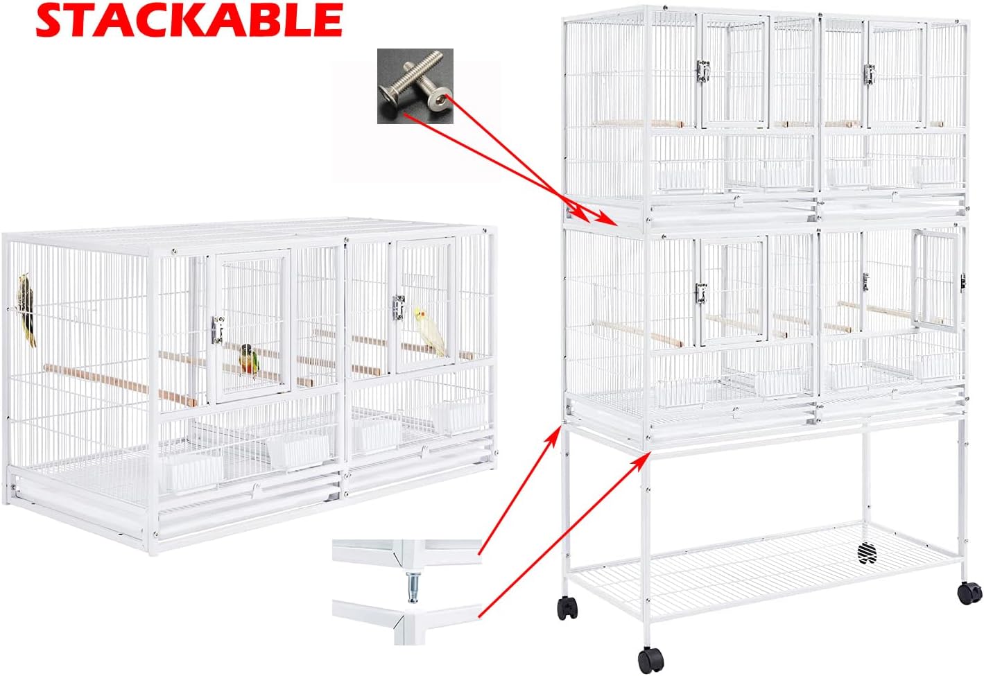 1/2/3-Combo Stacker Center Divided Breeder Breeding Bird Flight Double Rolling Cage for Aviaries Canaries Cockatiels Lovebirds Finches Budgies Small Parrots (White Vein, Two Stacker)