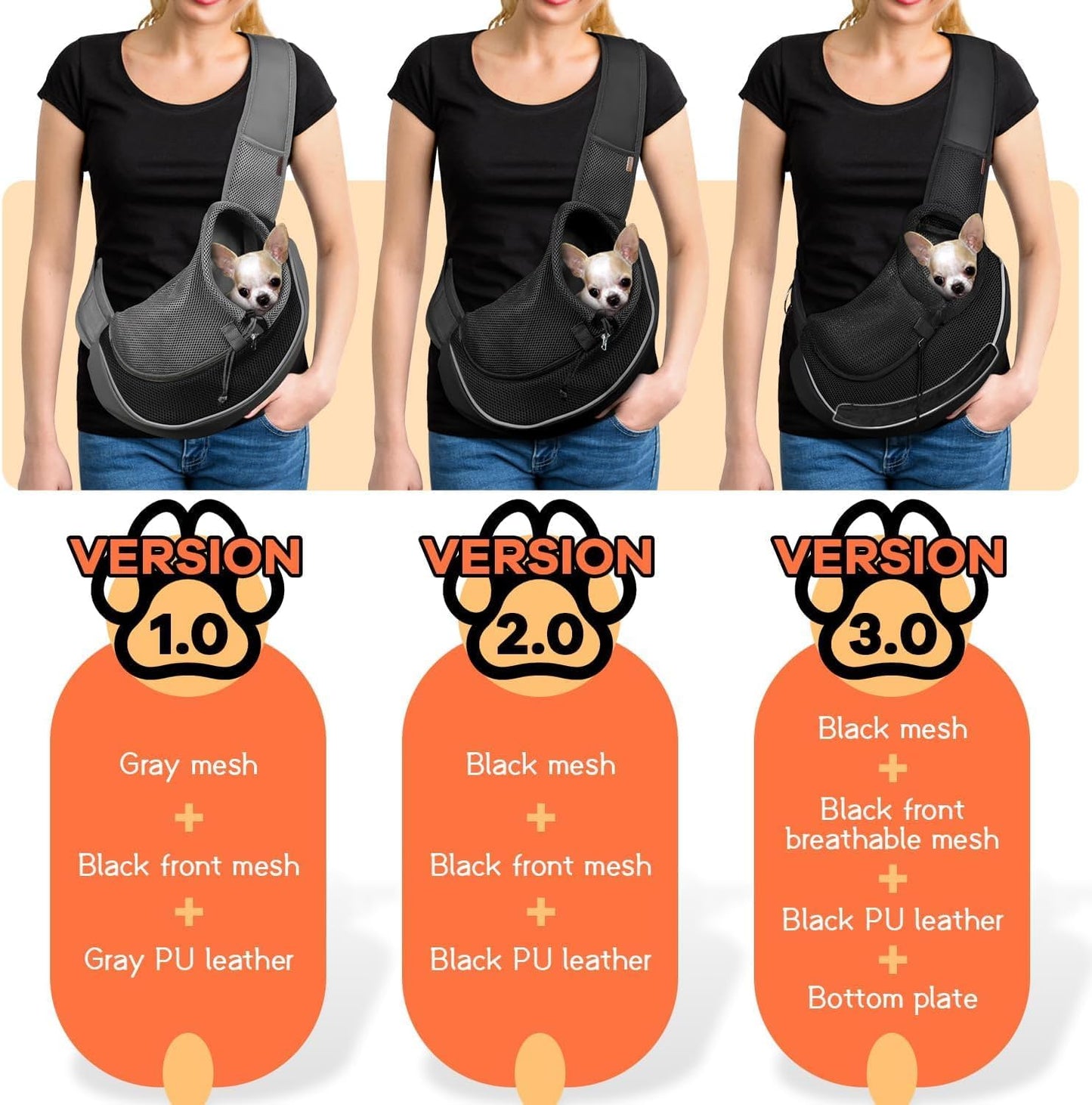 YUDODO Pet Sling Carrier for Small Dogs & Cats – Hands-Free Puppy Carrier with Safety Hook, Large Zipper Pocket, Soft Breathable Mesh, Adjustable Strap & Reflective Strip (Black 2.0 M)