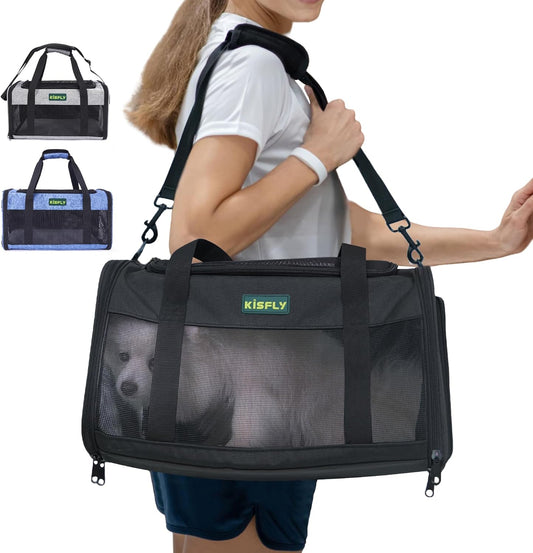 Airline Approved Cat and Small Dog Carrier – Soft-Sided, Foldable Under-Seat Travel Bag for Pets up to 12 lbs (17"x11"x9.5"), Top-Loading, Scratch-Resistant Mesh, Black