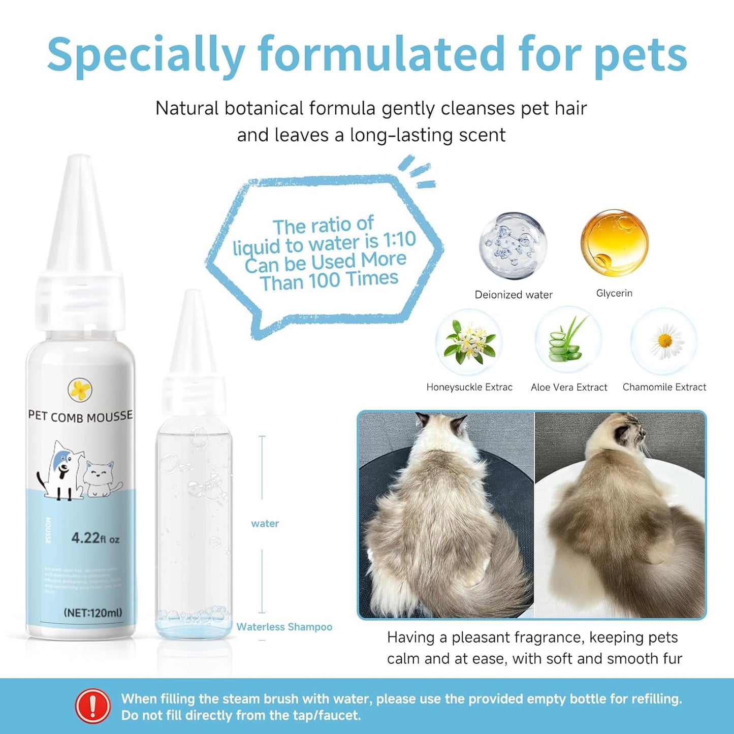 Pet Steam Brush for Dog & Cat – 3-in-1 Spray Hair Removal Comb – Steam for Shedding & Grooming – Water Brush for Long & Short Haired Pets – Spritz Defur Comb – Includes Waterless Shampoo