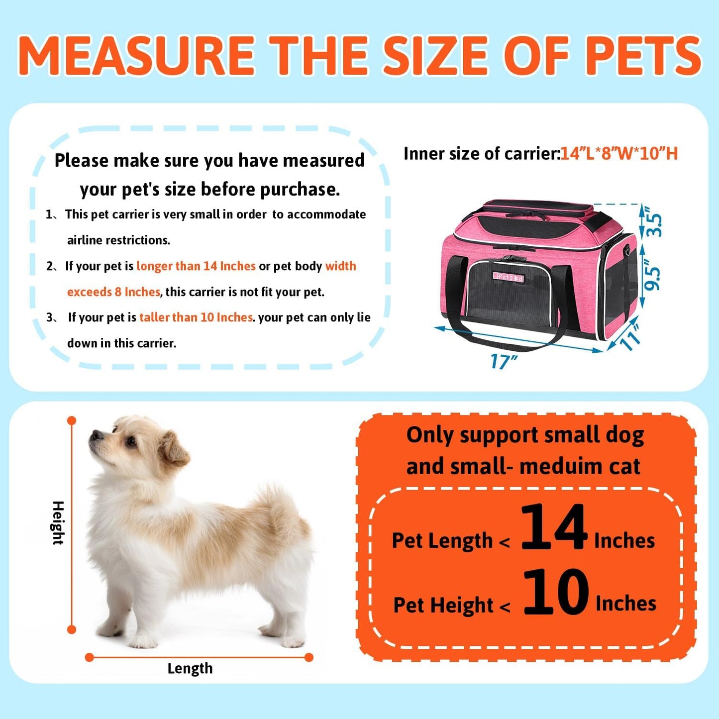 Petskd Top-Expandable Pet Carrier 17x11x9.5 Inches Alaska Airline Approved, Soft-Sided Carrier for Small Cats and Dogs with Locking Safety Zippers and Anti-Scratch Mesh(Pink)
