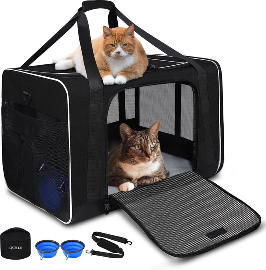 Petskd Extra Large Pet Carrier 24"x17"x17" for Large Cat or Medium Dog, Collapsible Soft Sided Dog cat Carrier for Long Trips with Lockable Safety Zippers(Black)