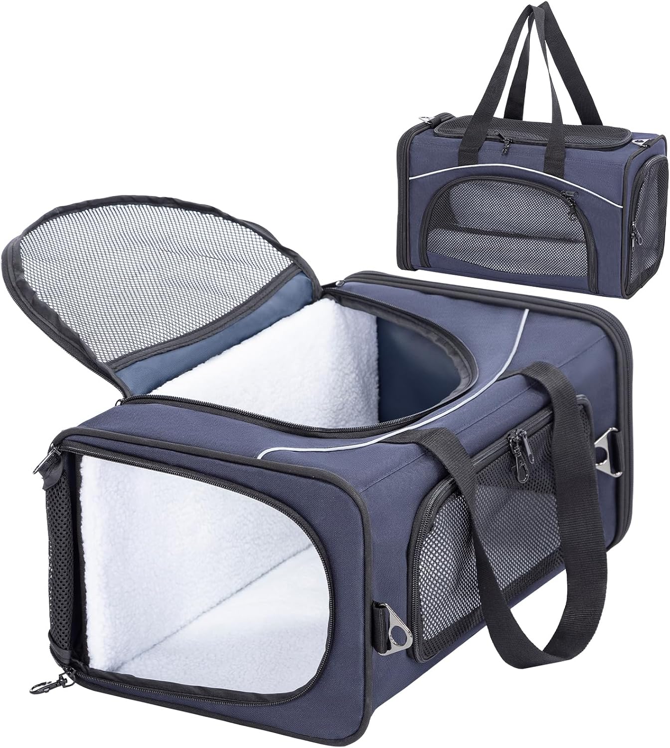 Petsfit Airline Approved Pet Carrier for Small Dogs & Cats, 19x9x12 TSA Approved Carrier, with Removable Dual-Sided Padding (2-Way Placement) - Fits Under Most Airplane Seats, Escape Proof (Navy)
