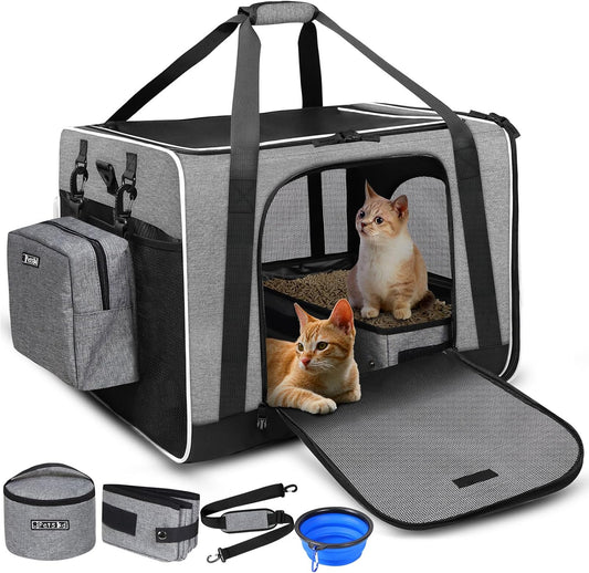 Petskd Extra Large Cat Carrier with Litter Box 24"x17"x17" for Medium Large Cat or 2 Small Cats, Collapsible Soft Sided Pet Carrier for Car Travel with Lockable Safety Zippers(Grey)