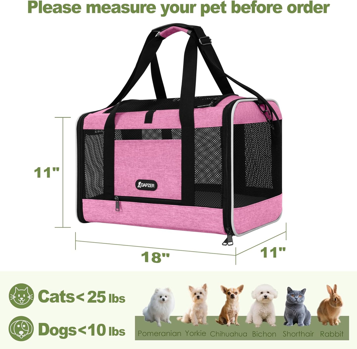 Cat Carrier 18x11x11 Delta Airline Approved, Easy Load Soft Pet Plane Travel Bag 15 pounds, Teacup Dog Crate 12 lbs, Yorkie Kennel Carrying Case, Kitten Toy Poodle Mesh Cage up to 20lbs Pink