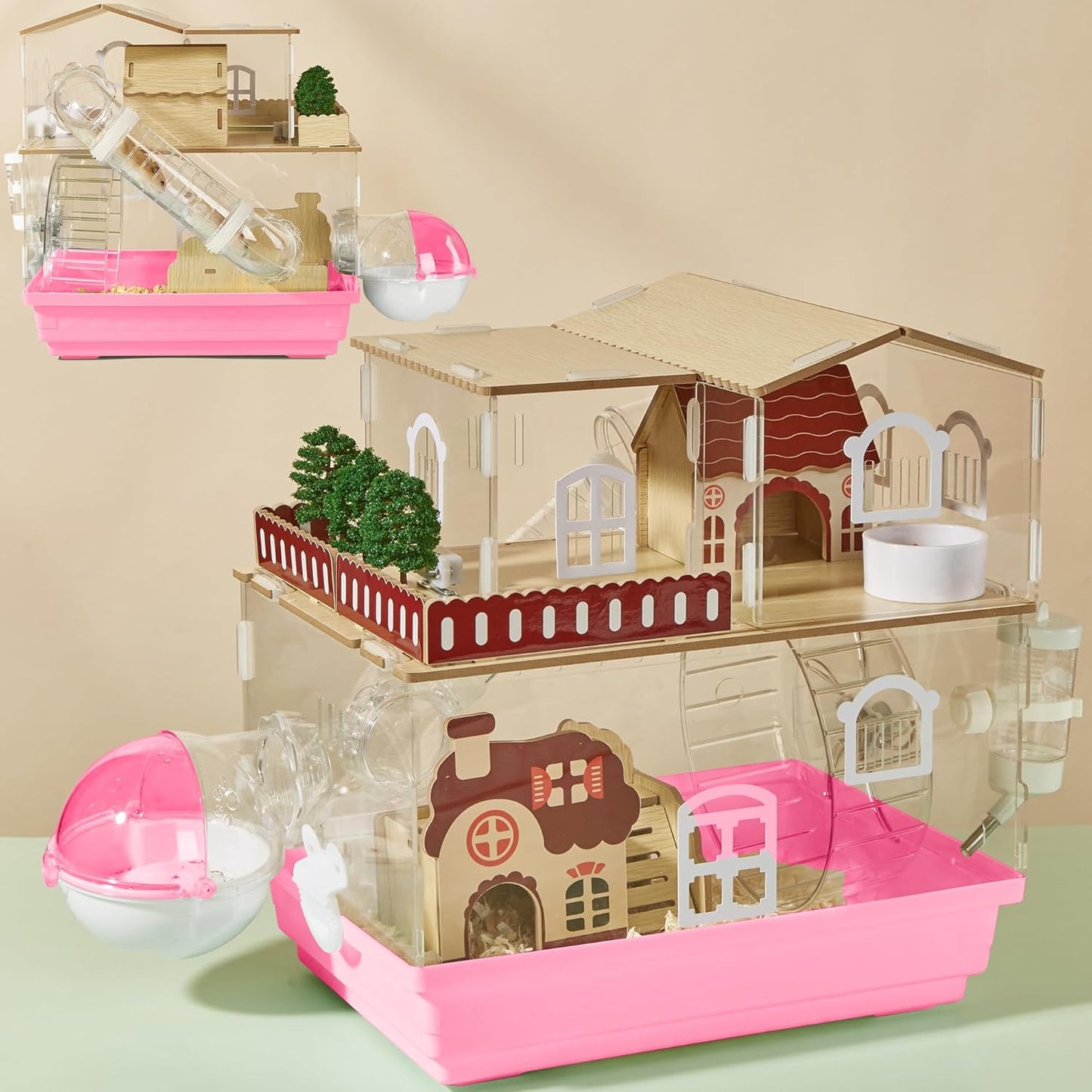 12 in 1 Clear Acrylic Hamster Cage with All Accessories,13.5''L*10''W*15''H Dwarf Hamster Cage,Magnetic Connection Small Hamster Enclosure,Wooden Mouse Cage for Pet Mice(2-Layer,Pink) Install Required