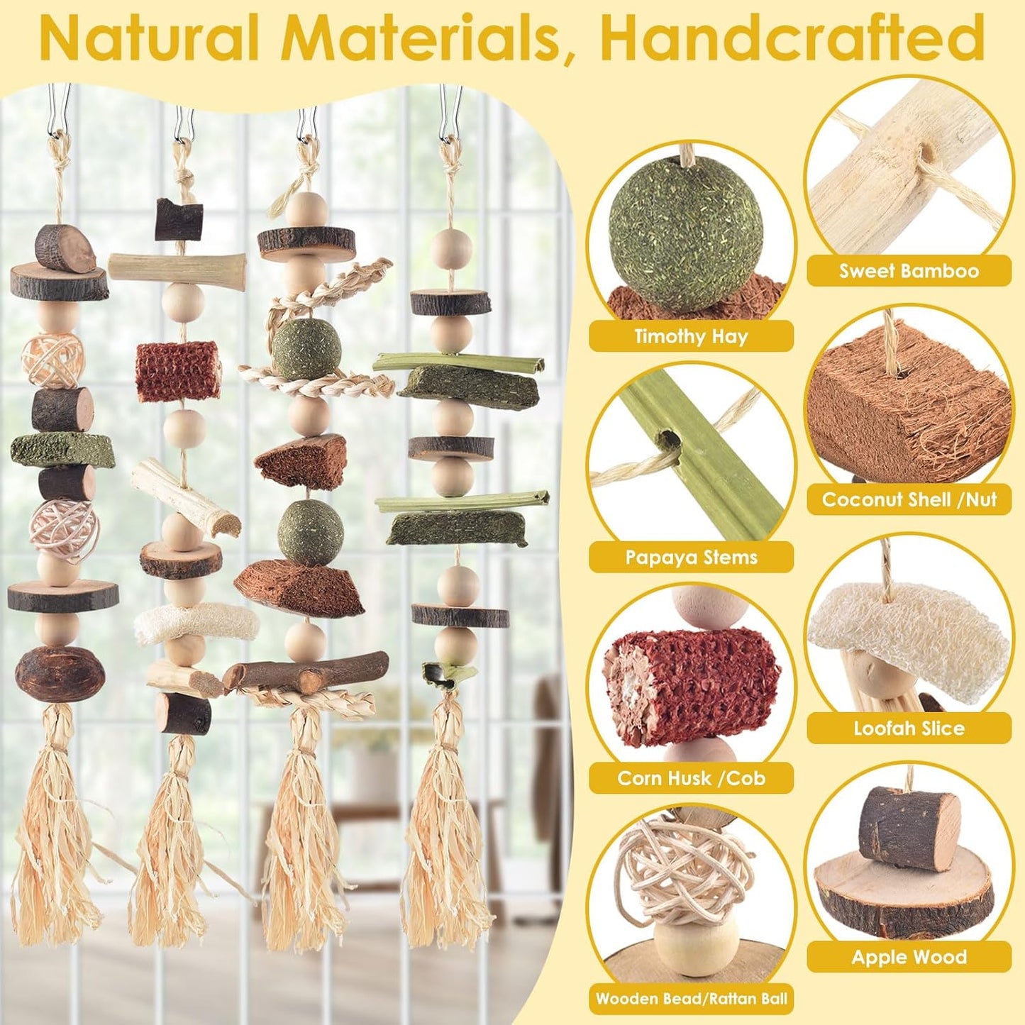 4 Pcs Bunny Chew Toys for Teeth, Hanging Rabbit Chewing Toy Treats with Timothy Grass & Natural Apple Wood, Improve Small Rodent Dental Health for Guinea Pig Hamster Chinchilla Rat Gerbil