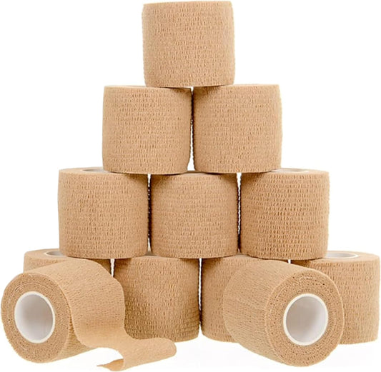 12 Pack Self-Adhesive Bandage Wrap - 2 Inches x 5 Yards - Elastic Self Adherent Cohesive Wrap Bandage - Breathable Athletic Tape for Wrists, Knee, and Ankle - First Aid Sports Wrap - Brown